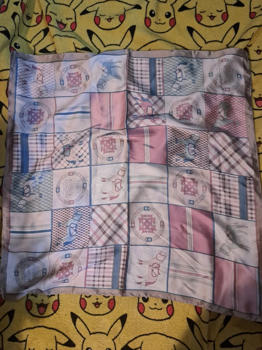 Satin Patchwork-Print Scarf in Pink and Blue